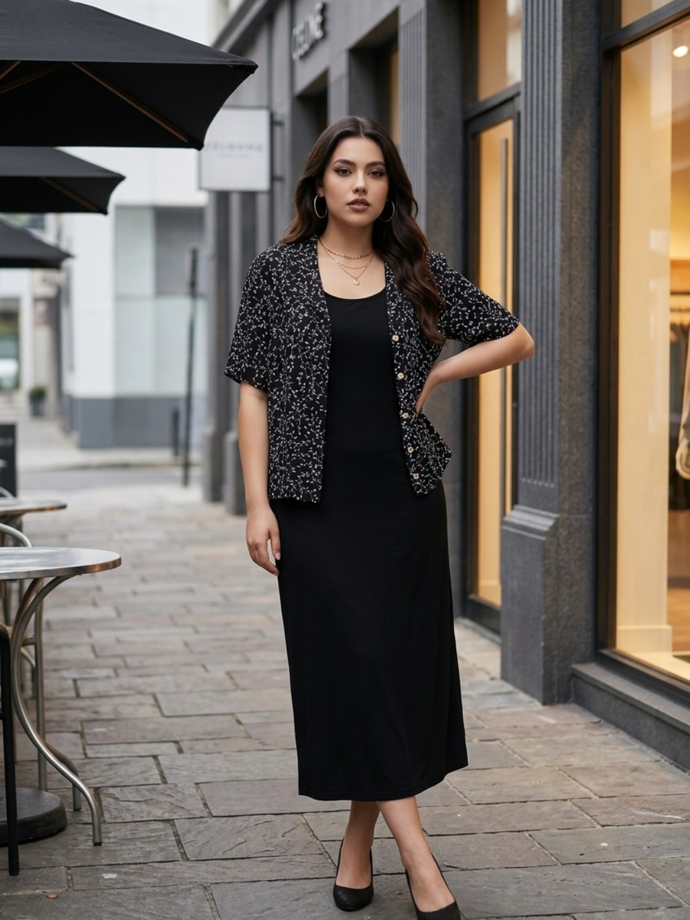 Vtg. Ronni Nicole II 2 Pc. 1X Black, Maxi Dress, Matching Cardigan w/White Vines